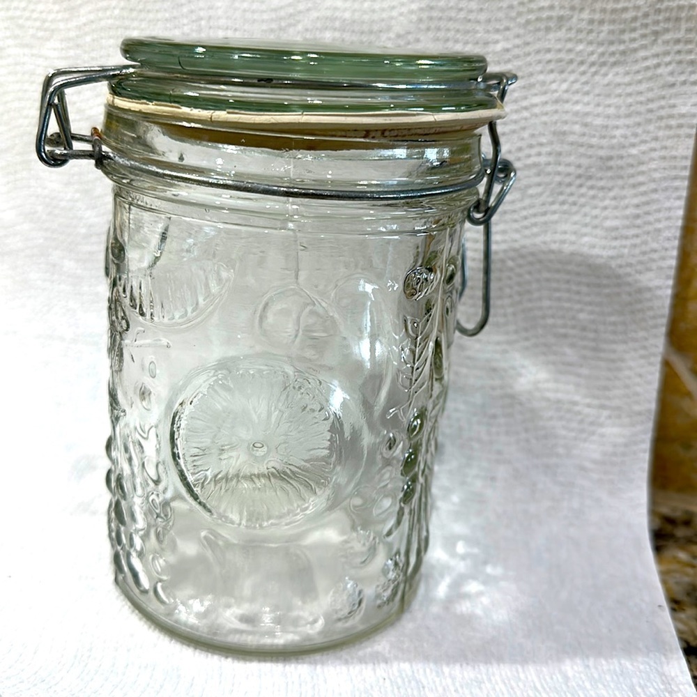 VTG Glass mason jar pressed fruit design